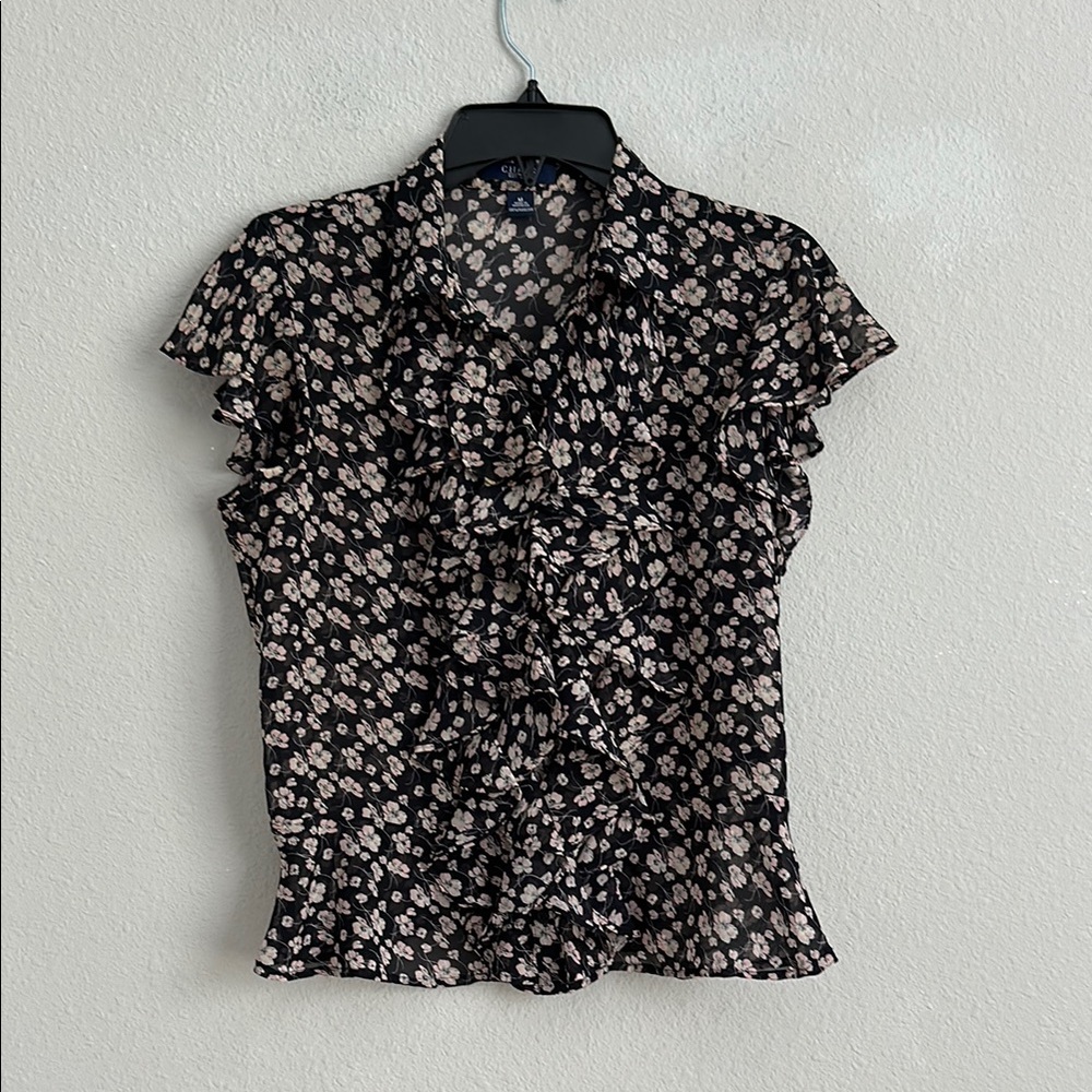 Women’s chaps sheer floral ruffle blouse medium